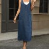 41Uz0K0FTL.jpg Women's V Neck Sleeveless Denim Overall Dress Adjustable Strap Vintage Back Slit Midi Jean Dress with Pockets