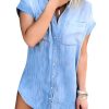 41Vl6kUmpmL.jpg Women Denim Shirt Dresses Short Sleeve Distressed Jean Dress Button Down Casual Tunic Top