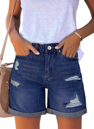 Women Jean Shorts Ripped Casual Summer Fashion Stretchy Classic Folded Hem Denim Shorts