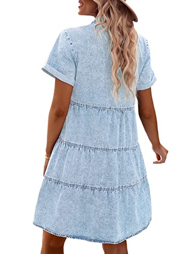 41W-yMLJ6VL.jpg Denim Dress for Women Babydoll Tiered Short Sleeve Button Down Jean Shirt Dresses