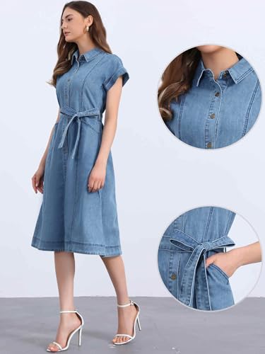 41WKvzyiKvL.jpg Denim Shirt Dress for Women's Casual Button Down Short Sleeves Belted Jean Midi Dress 2025 Trendy Outfits