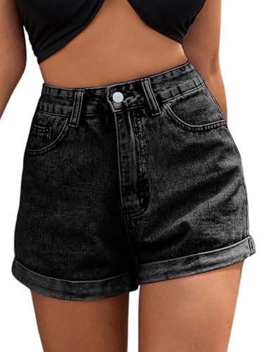 Women's Casual Roll Up Hem Jean Shorts Straight Leg High Waist Zipper Denim Shorts