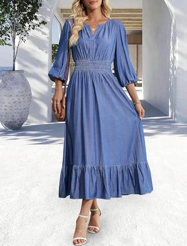 41WgQeFD8fL.jpg Women's Maxi Denim Dress with Pockets V Neck Jean Dresses Elbow Sleeve Elastic Waist Tiered Casual Fall Outfits 2025