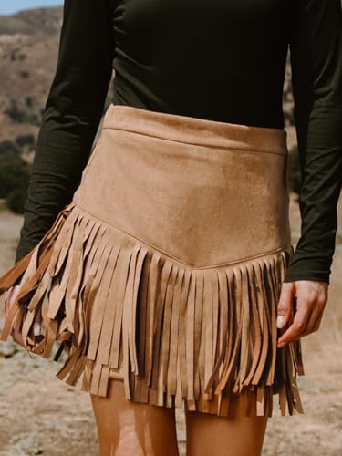 41WoTqirb3L.jpg Women Fringe Skirts Western Cowgirl Terra Cotta High Waist Mini Skirt Suede Tassel Short Counrty Concert