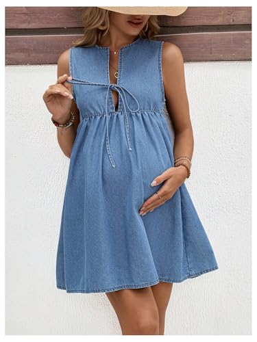 41WqzhpwMOL.jpg Women's Maternity Dresses Sleeveless Jean Sundresses Tie Front Flowy Short Denim Dress