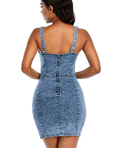 41WwZuRREOL.jpg Women's Denim Dress Sexy V Neck Bodycon Sleeveless Jeans Short Dresses