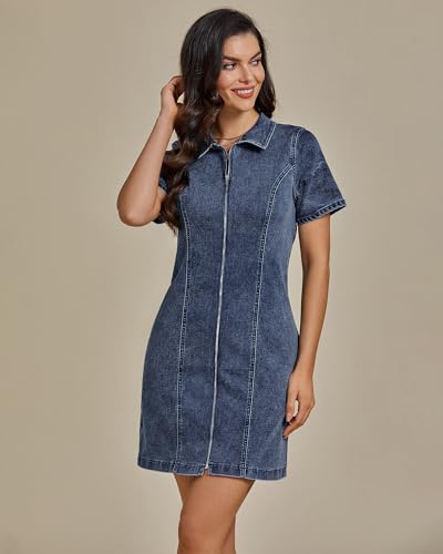 41XCtBhERL.jpg Denim Dresses for Women Summer Casual Zip Up Short Sleeve Western Short Stretchy Jean Dress with Pockets