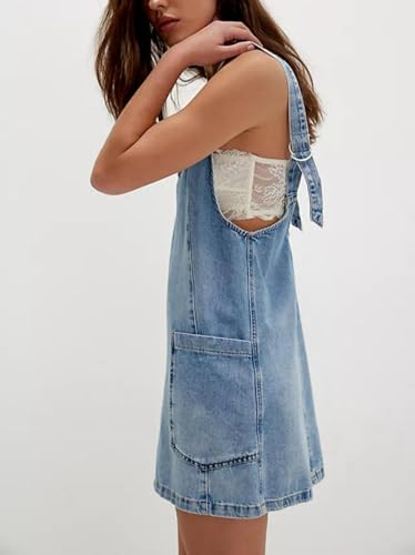 41XEU9SlLL.jpg Women's V Neck Sleeveless Denim Overall Dress Adjustable Strap Summer Mini Pinafore Jean Dress with Pockets