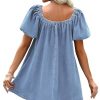 Denim Dress for Women, Puff Short Sleeve Jean Dress Square Neck Denim Romper with Pockets