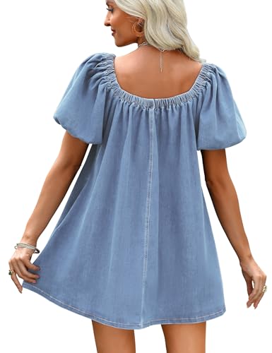 Denim Dress for Women, Puff Short Sleeve Jean Dress Square Neck Denim Romper with Pockets