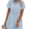 41Xee0VEaYL.jpg Denim Dress for Women Babydoll Tiered Short Sleeve Button Down Jean Shirt Dresses