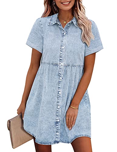 41Xee0VEaYL.jpg Denim Dress for Women Babydoll Tiered Short Sleeve Button Down Jean Shirt Dresses