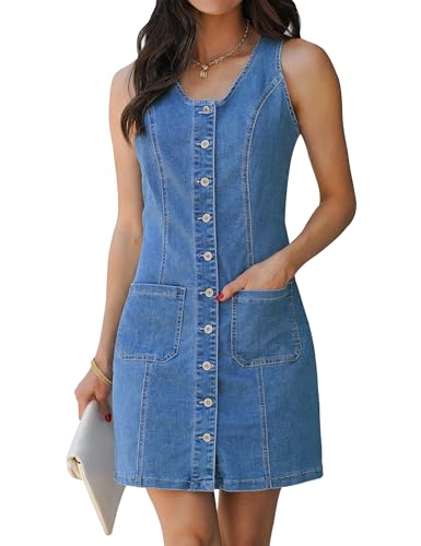 41XqtoolWaL.jpg Denim Dresses for Women Sleeveless Stretchy Jean Summer Casual Western Short Button Down Dress with Patch Pocket