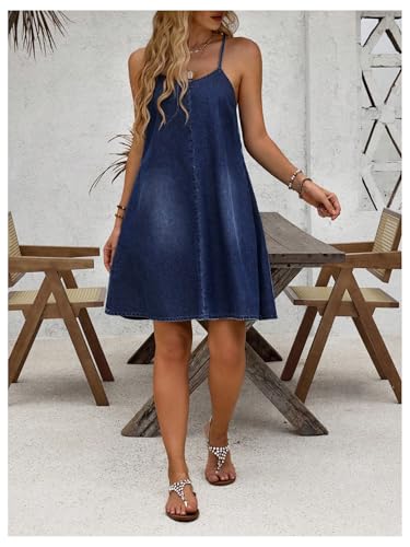 41XwcXQW8KL.jpg Women's Sleeveless Denim Cami Dress Scoop Neck Mini Dresses with Slant Pockets