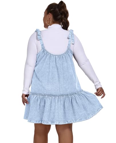 41YNEapX0DL.jpg Women Denim Cami Dress Tie Shoulder Ruffle Hem Short Dresses Babydoll Wash Jean Sundress with Pocket