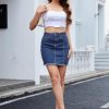 41YWlkdnedL.jpg Women’s Denim Mini Skirt High Waist Casual Split Hem Washed Frayed A-line Jean Skirts with Pocket for Women