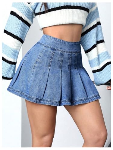 41YXw24gOSL.jpg Women's Casual High Waisted Pleated Hem Zipper Up Denim Skirt Short Skirts