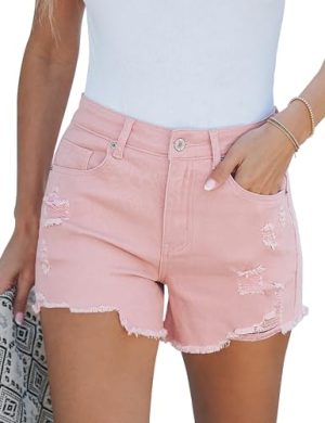 Jean Shorts for Women High Waisted Stretchy Distressed Denim Shorts Ripped Frayed Raw Hem Summer Casual Shorts