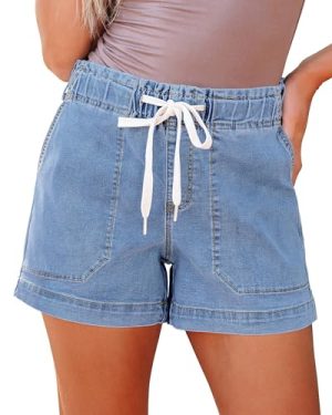 41YqyFFZuKL.jpg Jean Shorts for Women High Waisted Pull On Drawstring Elastic Waist Trendy Stretchy Denim Jorts Summer Shorts