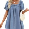 Denim Dress for Women, Puff Short Sleeve Jean Dress Square Neck Denim Romper with Pockets