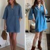 41ZQGzXvvLL.jpg Womens Denim Shirt Dress Summer Collared V Neck Mini Casual Jean Dresses with Pockets