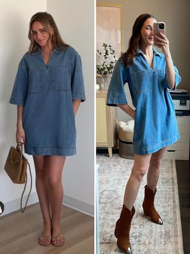 41ZQGzXvvLL.jpg Womens Denim Shirt Dress Summer Collared V Neck Mini Casual Jean Dresses with Pockets