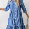 Womens Button Down Denim Dress Casual Loose Fit Cuffed Sleeve Ruffled Jean Dresses for Women 2025(no Belt)