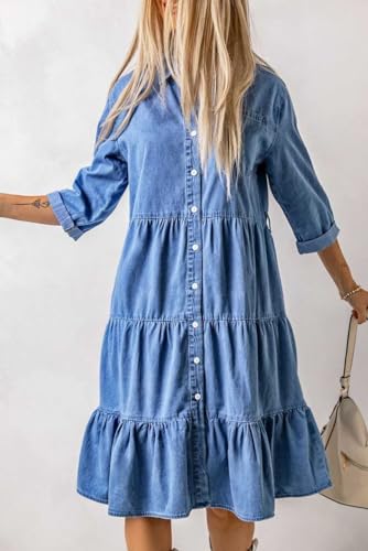 Womens Button Down Denim Dress Casual Loose Fit Cuffed Sleeve Ruffled Jean Dresses for Women 2025(no Belt)
