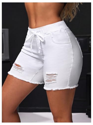 41Ztcwqq79L.jpg Women's Ripped Jeans Drawstring Elastic Waist Skinny Denim Shorts Summer Short Pants