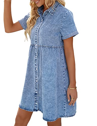 Women's Short Sleeve Button Down Flowy Tiered Babydoll Denim Dress