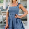 41aDetoMPTL.jpg Women's Summer Tie Shoulder Sleeveless Denim Mini Dress Casual Flowy Swing Pleated Short Denim Dress