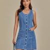 41aEgh6ZZ2L.jpg Denim Dresses for Women Sleeveless Stretchy Jean Summer Casual Western Short Button Down Dress with Patch Pocket
