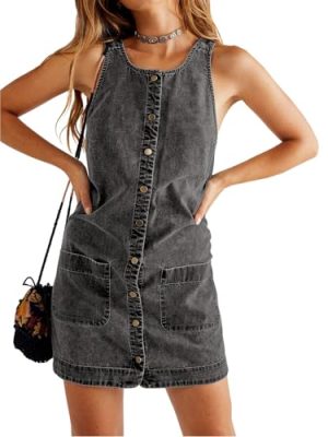 Womens Casual Sleeveless Denim Overalls Dresses Button Down Summer Jean Mini Dress 2025 Trendy Romper With Pockets
