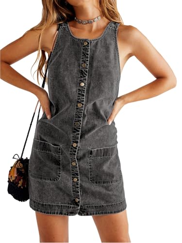 41aMgNmWx5L.jpg Womens Casual Sleeveless Denim Overalls Dresses Button Down Summer Jean Mini Dress 2025 Trendy Romper With Pockets