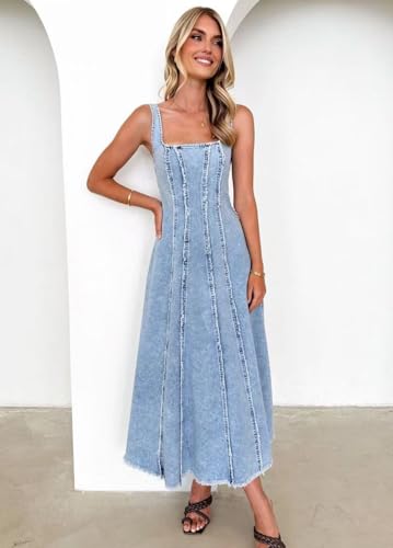 41aUpZJmpmL.jpg Jean Dress for Women 2025 Vintage Sleeveless Slim High Waist Frayed Raw Long Maxi Denim Dresses