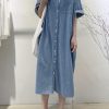 41ag436OdKL.jpg Women's Summer Casual Short Sleeve Long Denim Shirt Dress Casual Loose Button Down Jean Dress