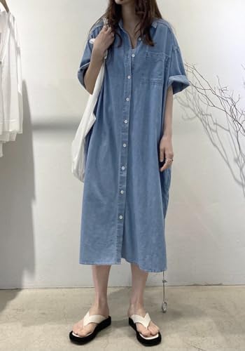 41ag436OdKL.jpg Women's Summer Casual Short Sleeve Long Denim Shirt Dress Casual Loose Button Down Jean Dress