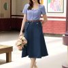 41atMr3EgL.jpg Women's Denim Skirts Vintage Elastic High Waist A-Line Long Maxi Jean Skirts with Pockets