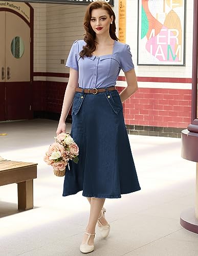 41atMr3EgL.jpg Women's Denim Skirts Vintage Elastic High Waist A-Line Long Maxi Jean Skirts with Pockets