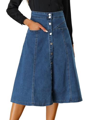 41azuwNpX5L.jpg Womens' Denim Skirt High Waist Button Front A-Line Casual Summer Midi Jean Skirts with Pockets