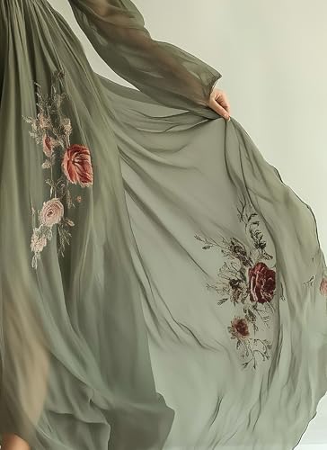 41b2hrUpseL.jpg Womens Green Tulle Floral Beach Cover Up Sundresses with Belt Long Sleeves V Neck Summer Ruffle Tiered Dresses