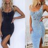 41b8YHyqR8L.jpg Denim Dress for Women Sleeveless Side Slit Bodycon Midi Jean Dresses for Women 2025