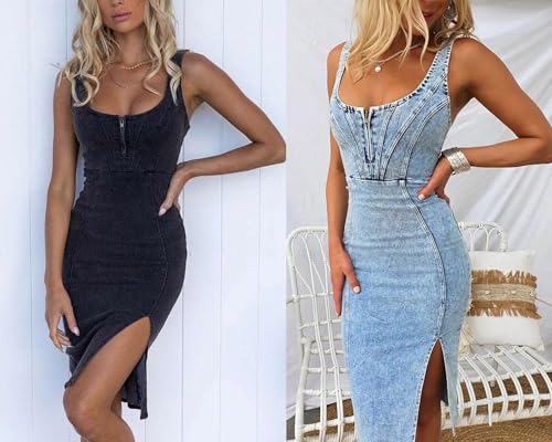 41b8YHyqR8L.jpg Denim Dress for Women Sleeveless Side Slit Bodycon Midi Jean Dresses for Women 2025