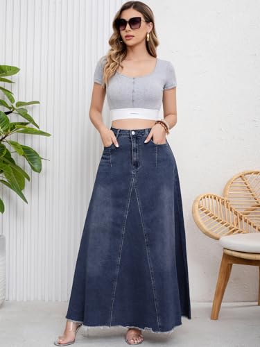41bHYjm8jYL.jpg Women's Retro Distressed High Waist Frayed Hem A Line Wash Maxi Long Denim Skirt with Pockets