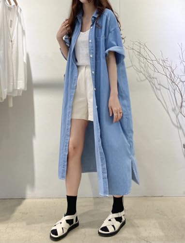 41bNUUnxYTL.jpg Women's Summer Casual Short Sleeve Long Denim Shirt Dress Casual Loose Button Down Jean Dress