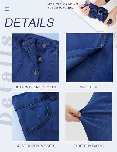 Denim Skirt Women Long Jean Skirts Stretch High Waisted Button Down Front Slit A Line with Pockets