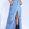 Ripped Raw Hem Flap Pocket Split Thigh Denim Skirt - Women's Loose Maxi Slit Skirt (Color : Light Wash, Size : 26)