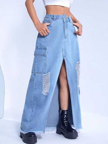 Ripped Raw Hem Flap Pocket Split Thigh Denim Skirt - Women's Loose Maxi Slit Skirt (Color : Light Wash, Size : 26)