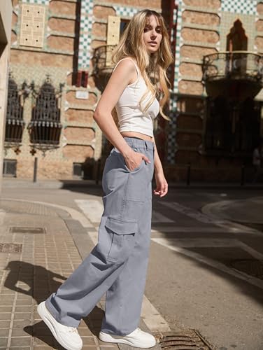 41cCHP3vgcL.jpg Petite Women's Cargo Pants Baggy Y2K Jeans High Waisted Casual Stretchy Wide Leg Streetwear with 6 Pockets for Women