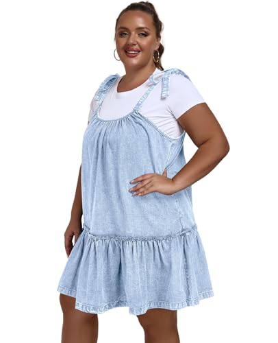41cZBIRKPQL.jpg Women Denim Cami Dress Tie Shoulder Ruffle Hem Short Dresses Babydoll Wash Jean Sundress with Pocket